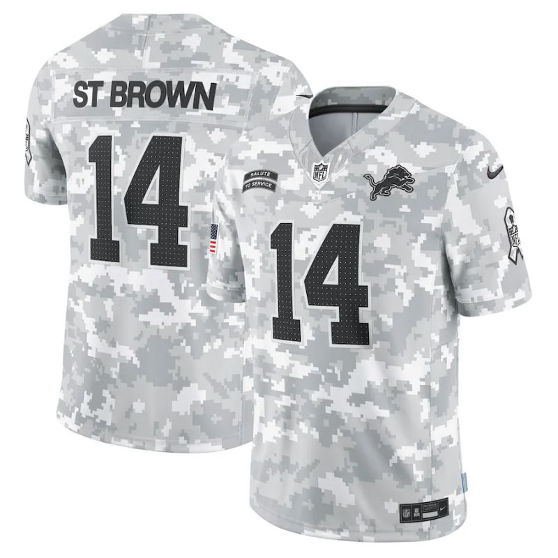 Men Detroit Lions #14 St Brown Nike Arctic Camo 2024 Salute to Service Limited NFL Jersey